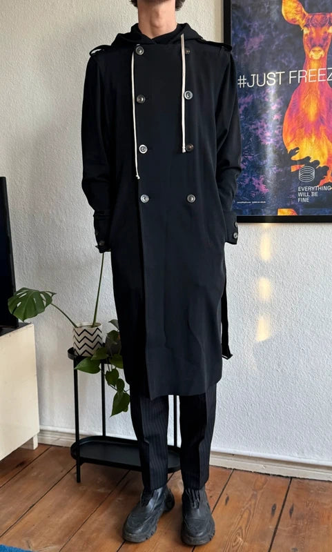 F/W 18 "SISYPHUS" Double-Breasted Hooded Wool & Viscose Trench Coat in Black