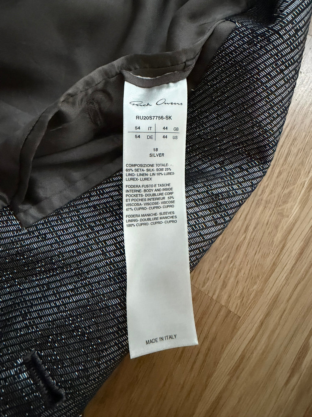 S/S 20 "TECUATL" Silver Silk & Linen Suit Rick Owens L/54
