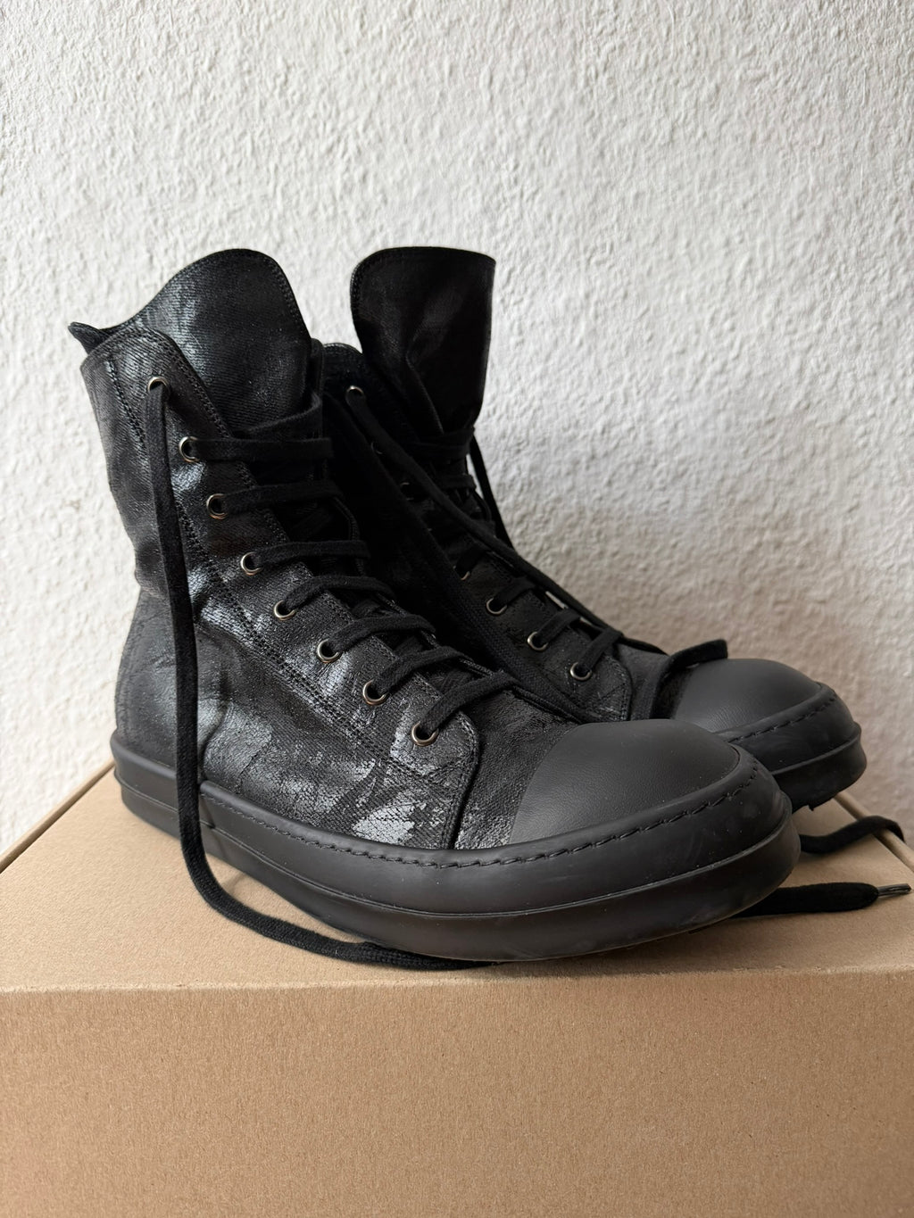 Triple Black Waxed Hi-Top Ramones Rick Owens IT43/US10