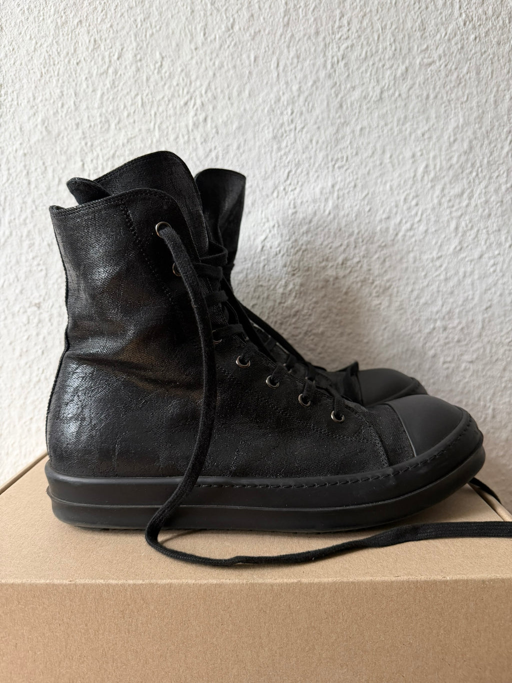 Triple Black Waxed Hi-Top Ramones Rick Owens IT43/US10