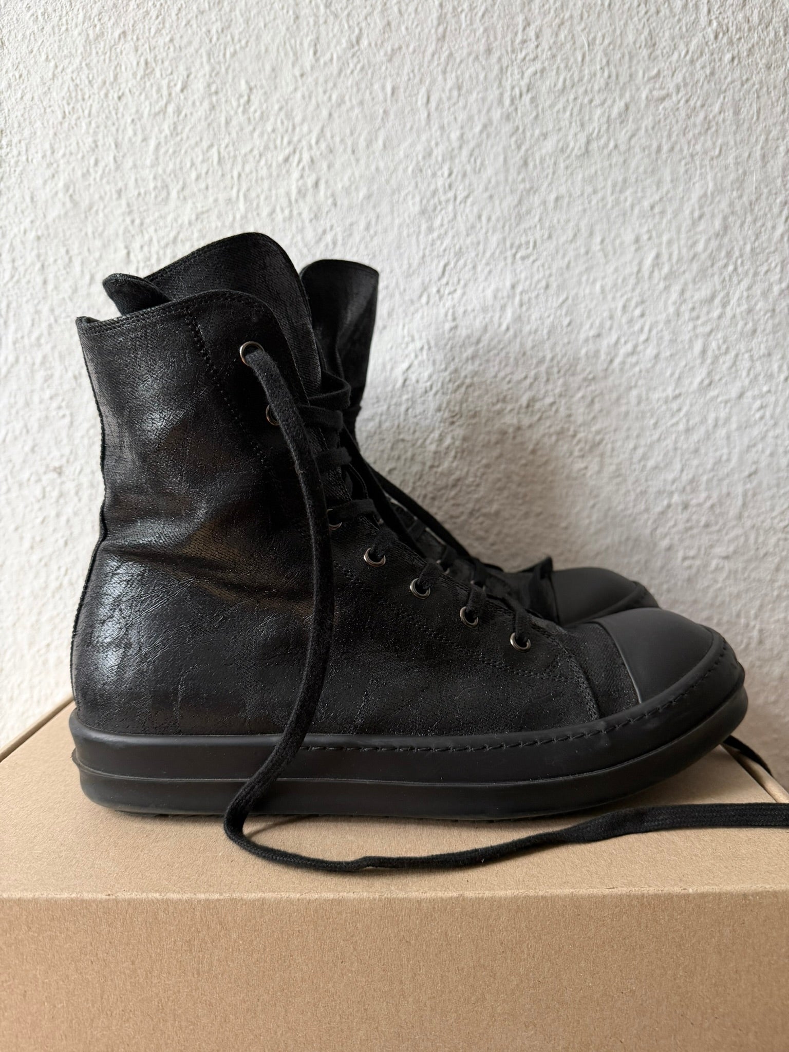 Triple Black Waxed Hi-Top Ramones Rick Owens IT43/US10