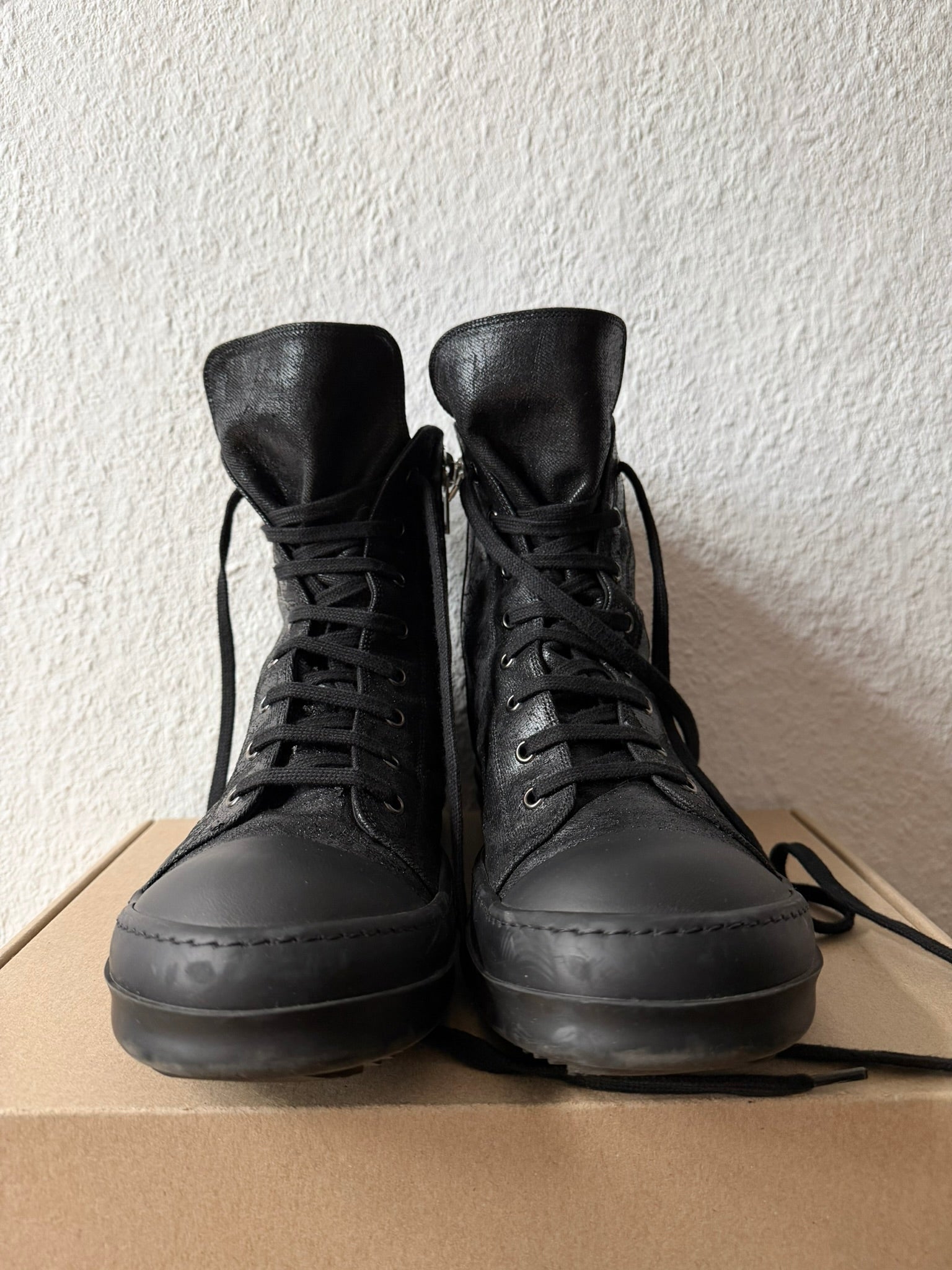 Triple Black Waxed Hi-Top Ramones Rick Owens IT43/US10