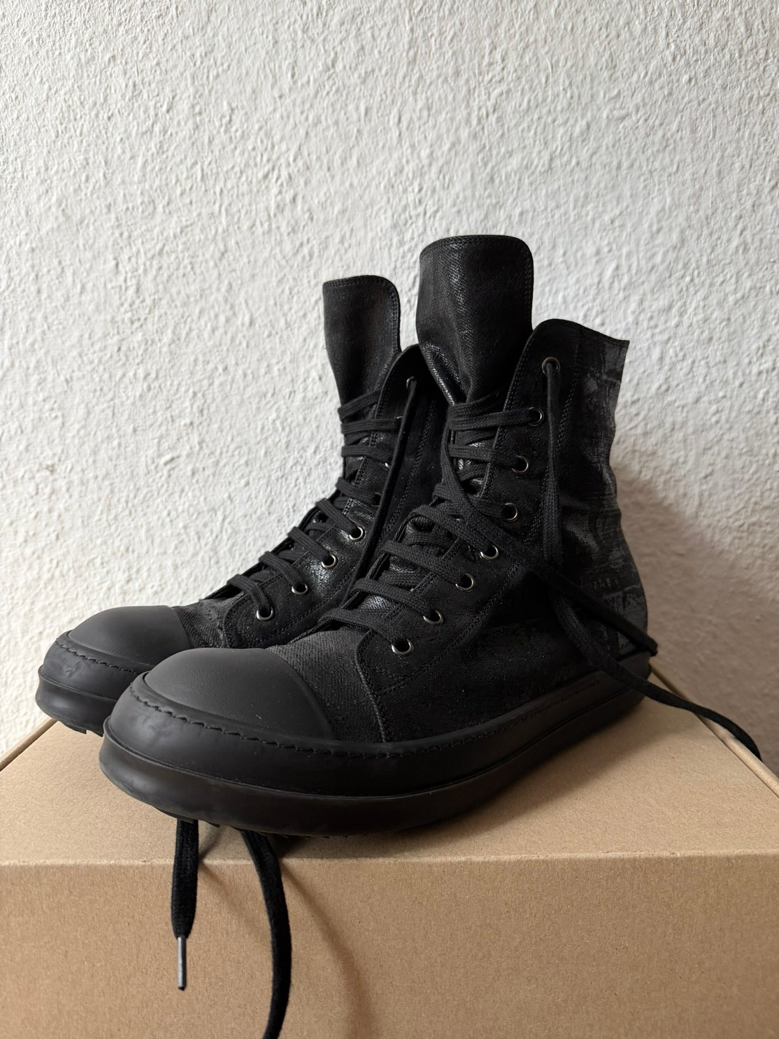 Triple Black Waxed Hi-Top Ramones Rick Owens IT43/US10