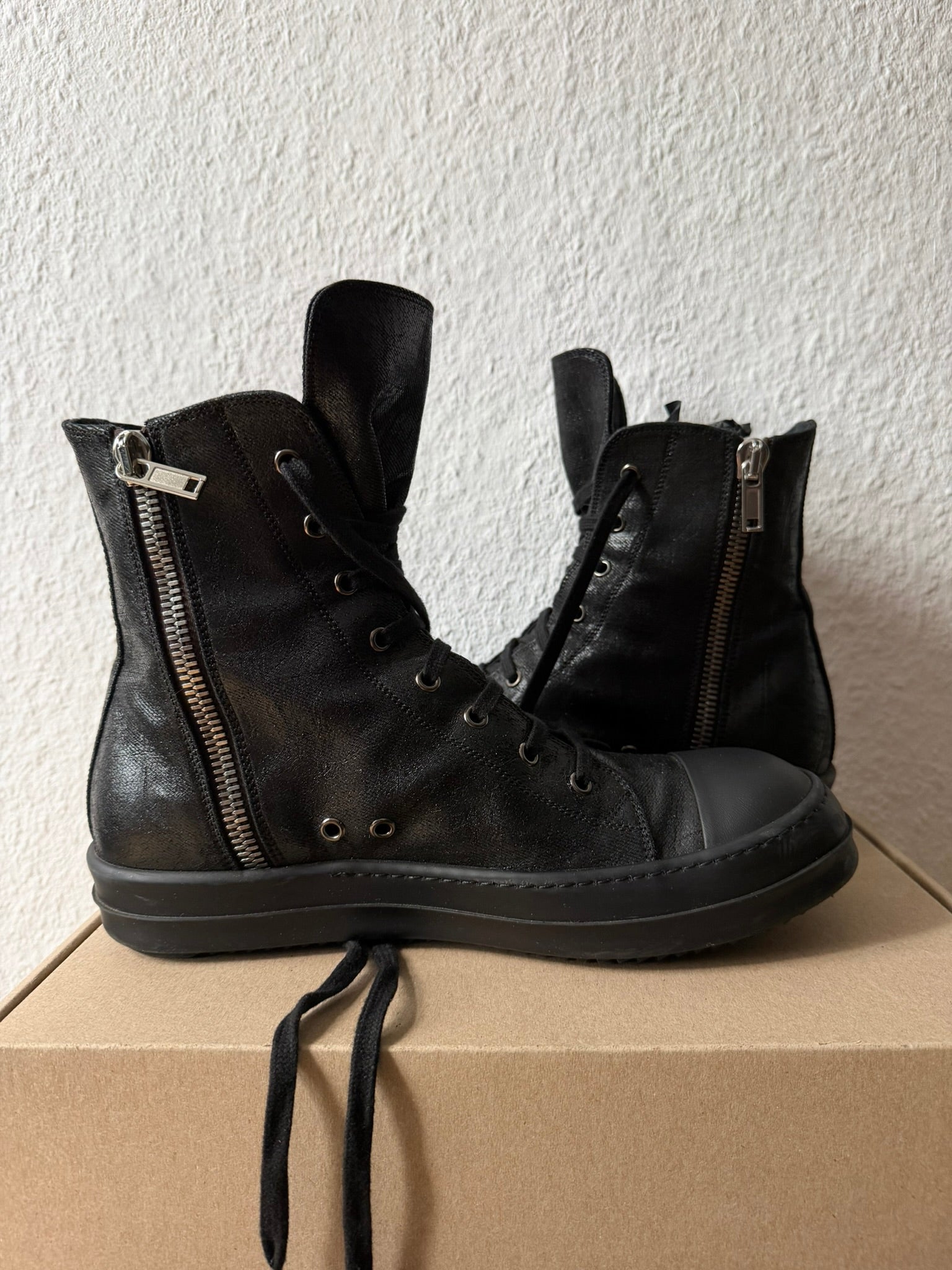 Triple Black Waxed Hi-Top Ramones Rick Owens IT43/US10