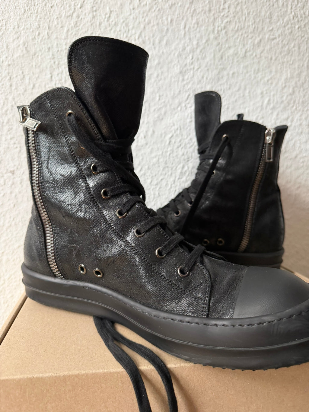 Triple Black Waxed Hi-Top Ramones Rick Owens IT43/US10