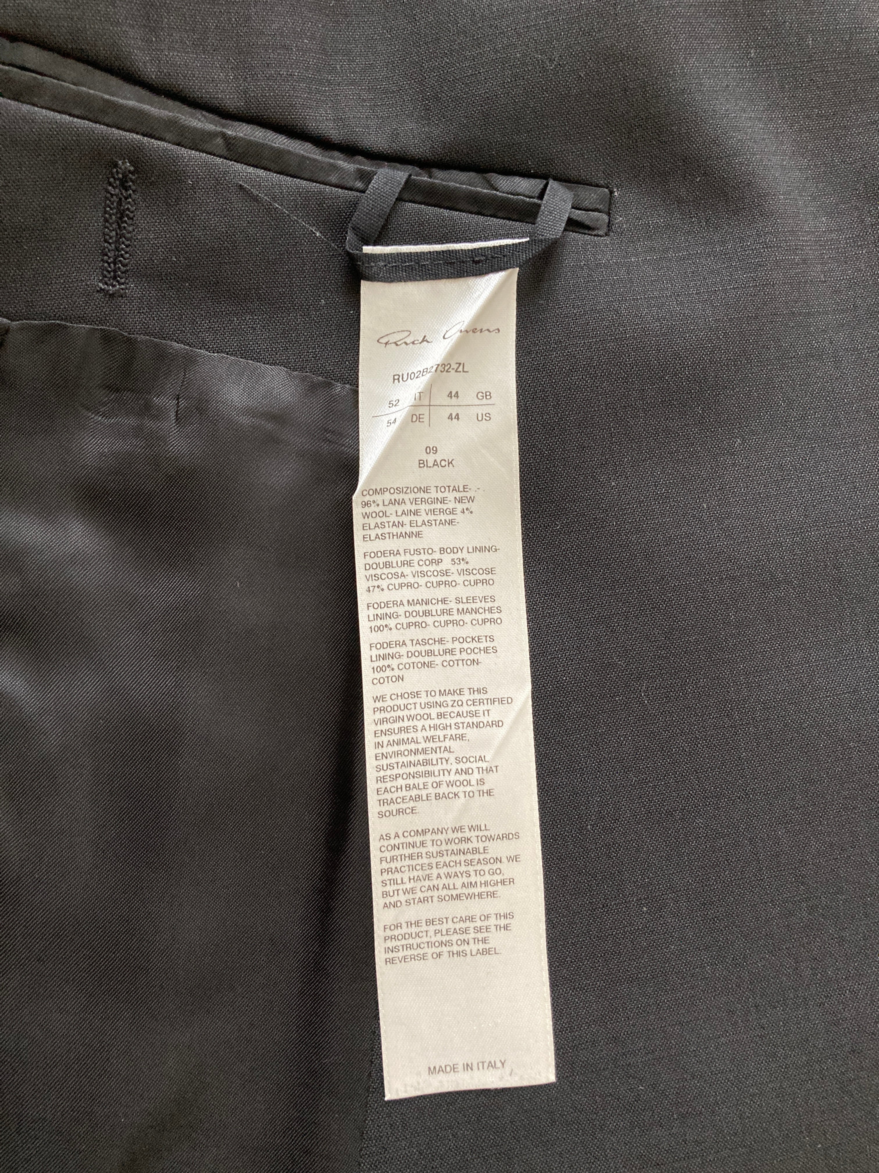 F/W 22 "STROBE" Black Walrus Wool Blazer IT52/L Rick Owens