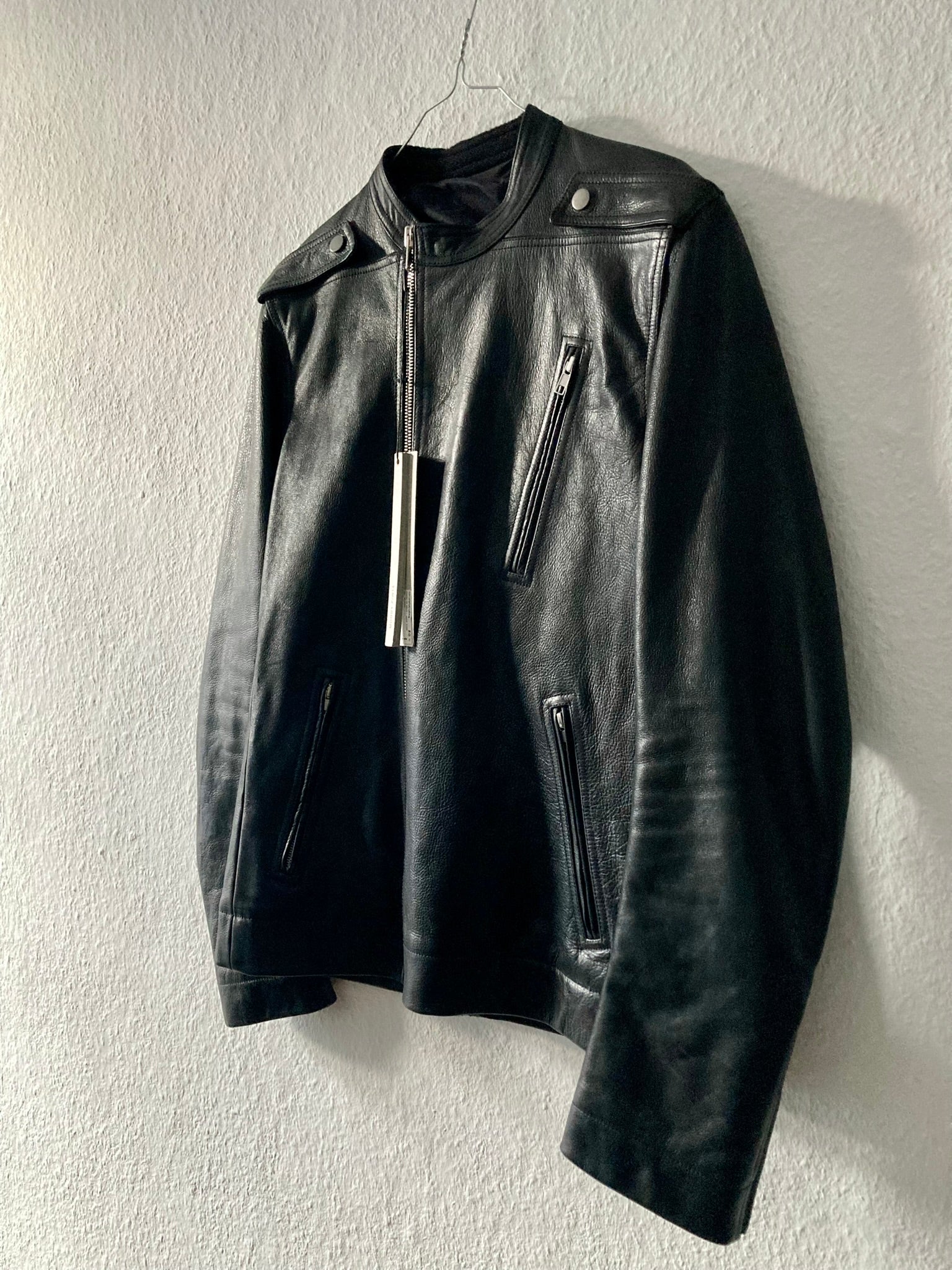 F/W 14 "MOODY" Runway Cashmere-Lined Shoulder Epaulet Leather Jacket in Black Size 50/M