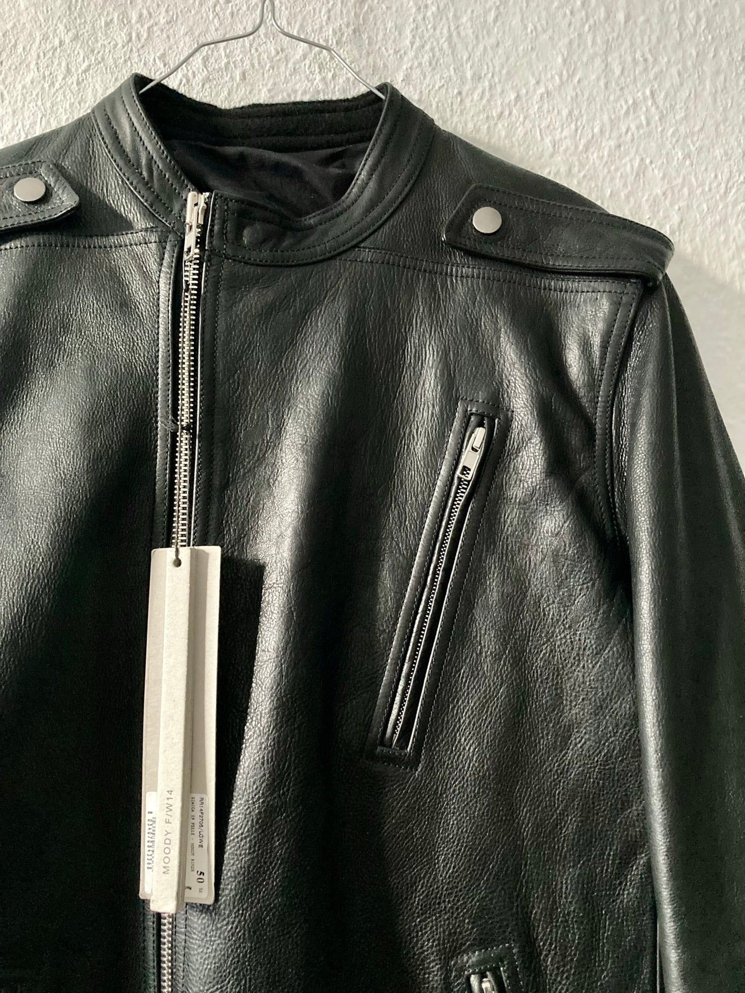 F/W 14 "MOODY" Runway Cashmere-Lined Shoulder Epaulet Leather Jacket in Black Size 50/M