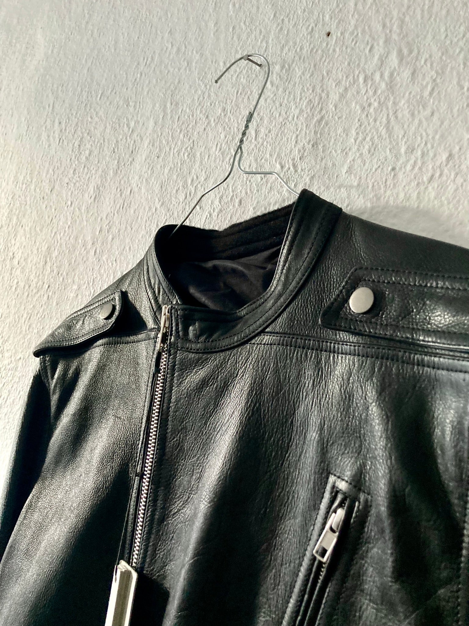 F/W 14 "MOODY" Runway Cashmere-Lined Shoulder Epaulet Leather Jacket in Black Size 50/M