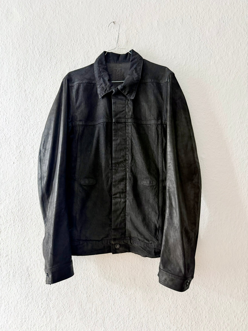 S/S 14 "VICIOUS" Black Mineral Calf Leather Sleeve Denim Jacket L