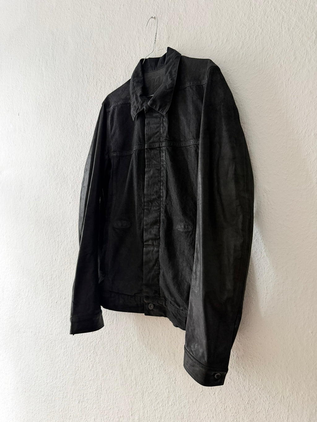 S/S 14 "VICIOUS" Black Mineral Calf Leather Sleeve Denim Jacket L