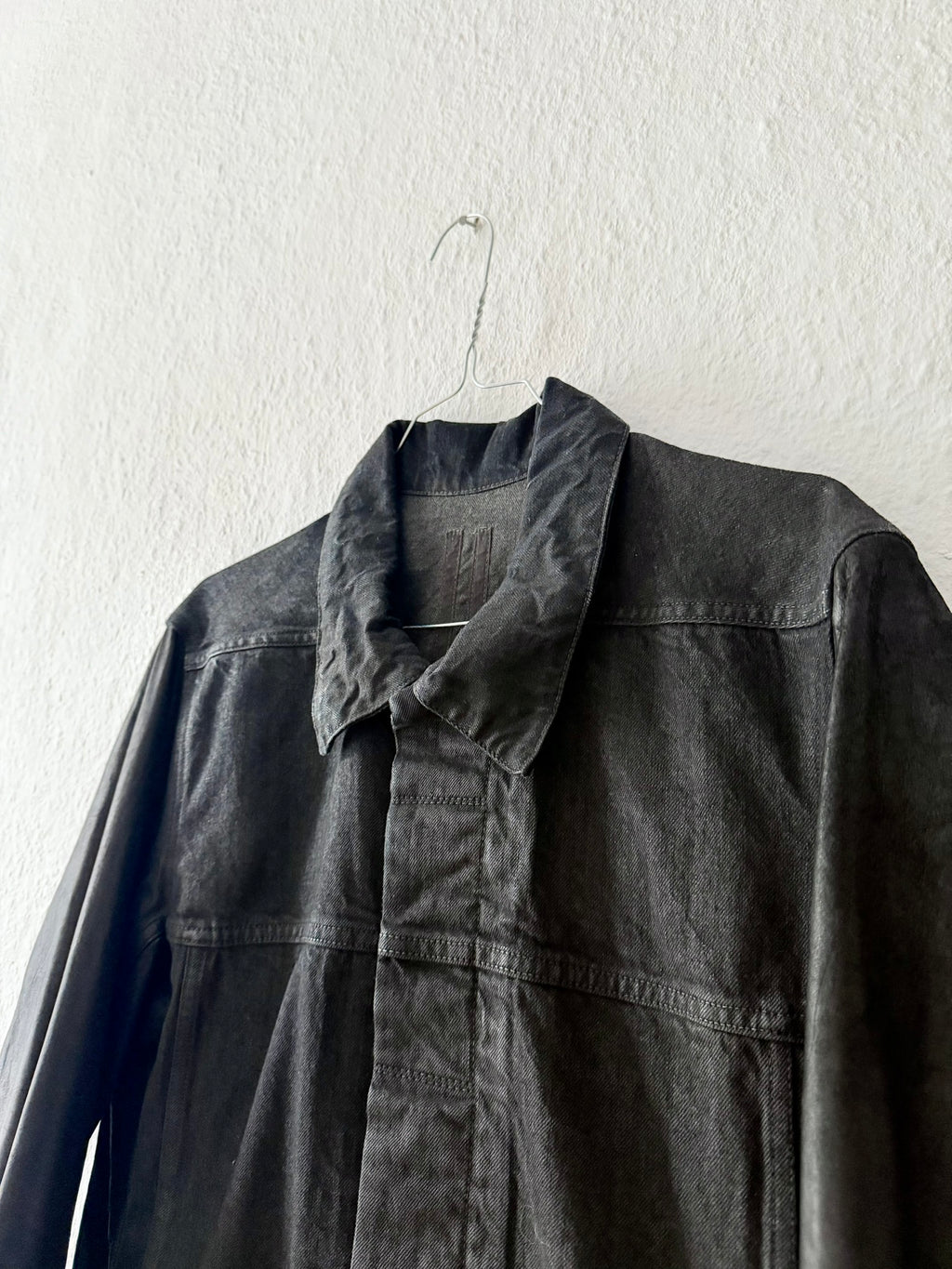 S/S 14 "VICIOUS" Black Mineral Calf Leather Sleeve Denim Jacket L
