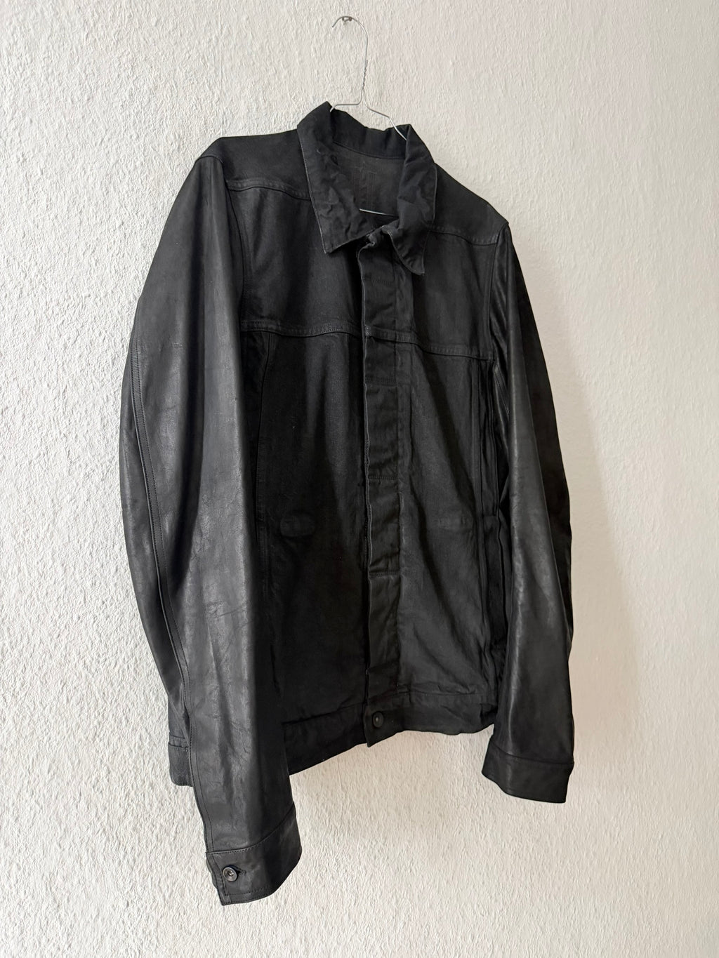 S/S 14 "VICIOUS" Black Mineral Calf Leather Sleeve Denim Jacket L