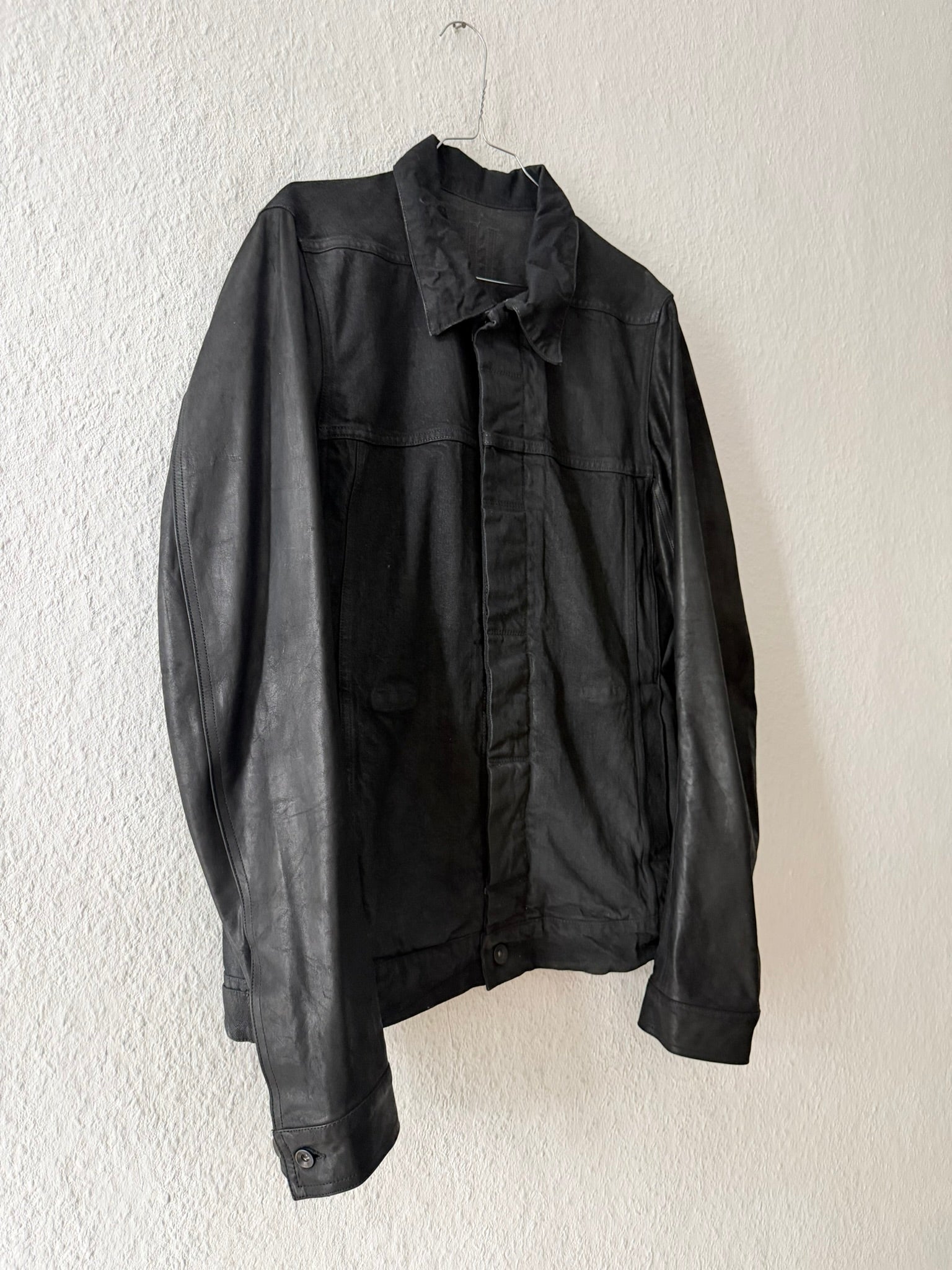 S/S 14 "VICIOUS" Black Mineral Calf Leather Sleeve Denim Jacket L
