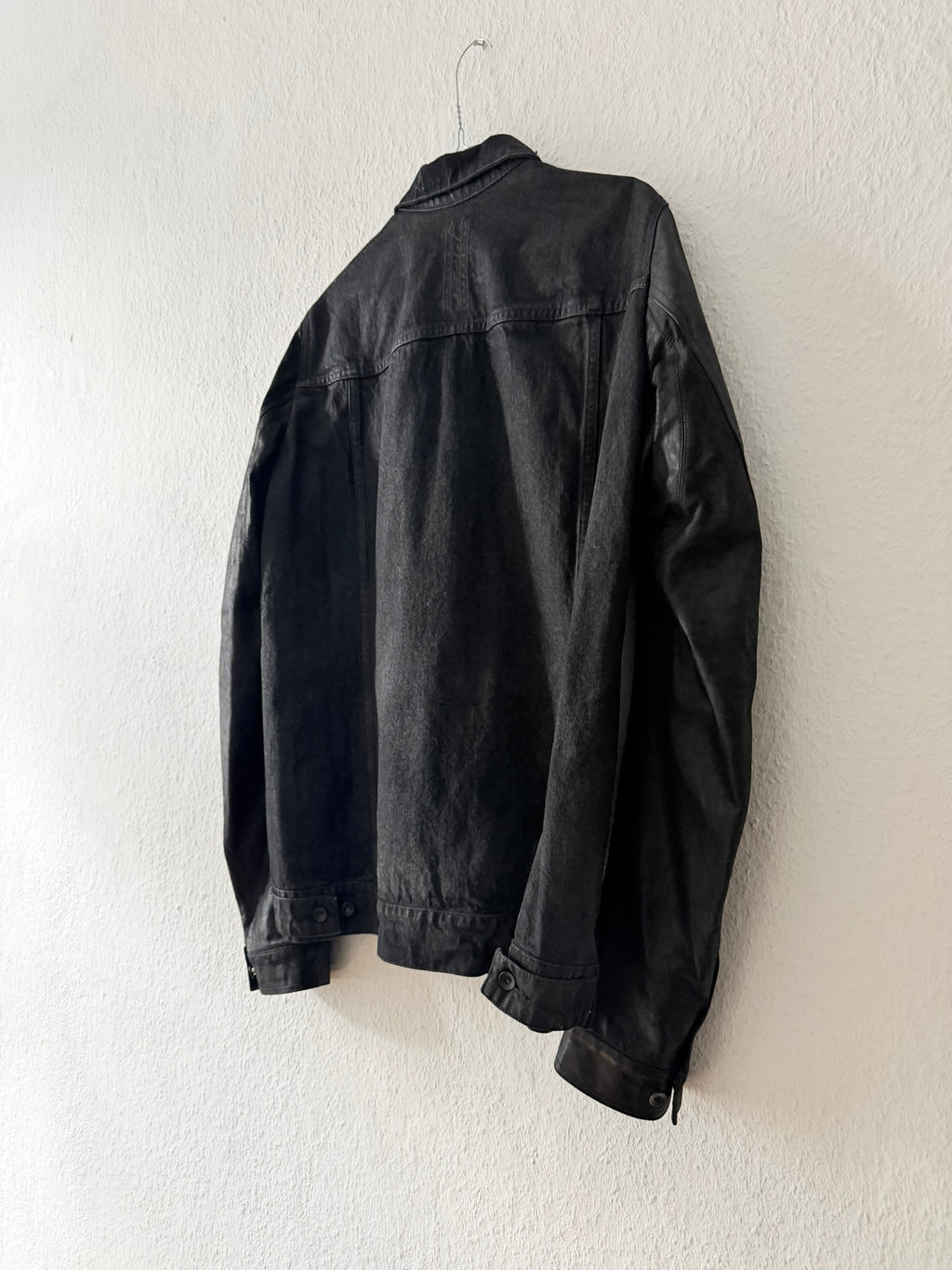 S/S 14 "VICIOUS" Black Mineral Calf Leather Sleeve Denim Jacket L