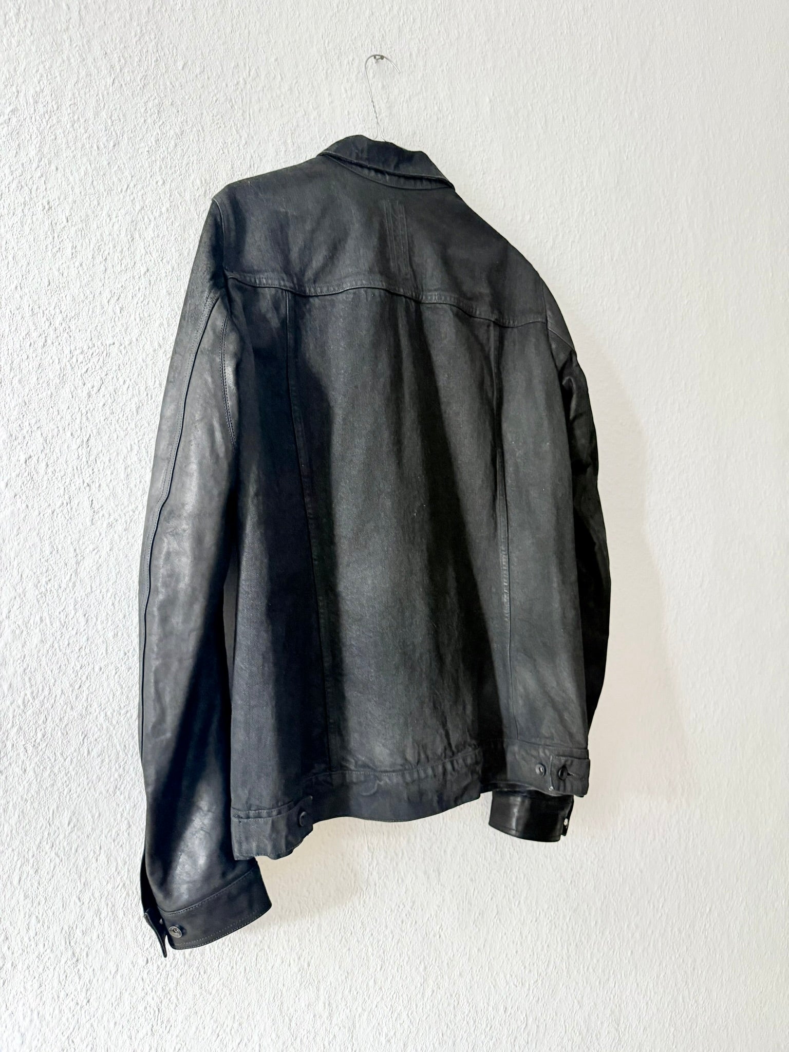 S/S 14 "VICIOUS" Black Mineral Calf Leather Sleeve Denim Jacket L