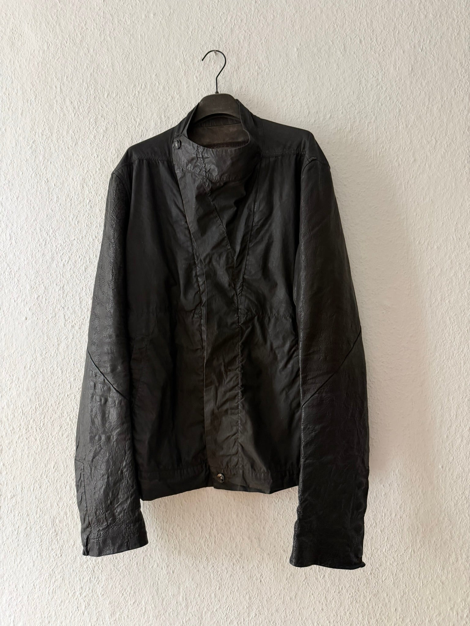 F/W 11 "LIMO" Waxed Mudcloth Slave Jacket w. Lamb Leather Sleeves Rick Owens