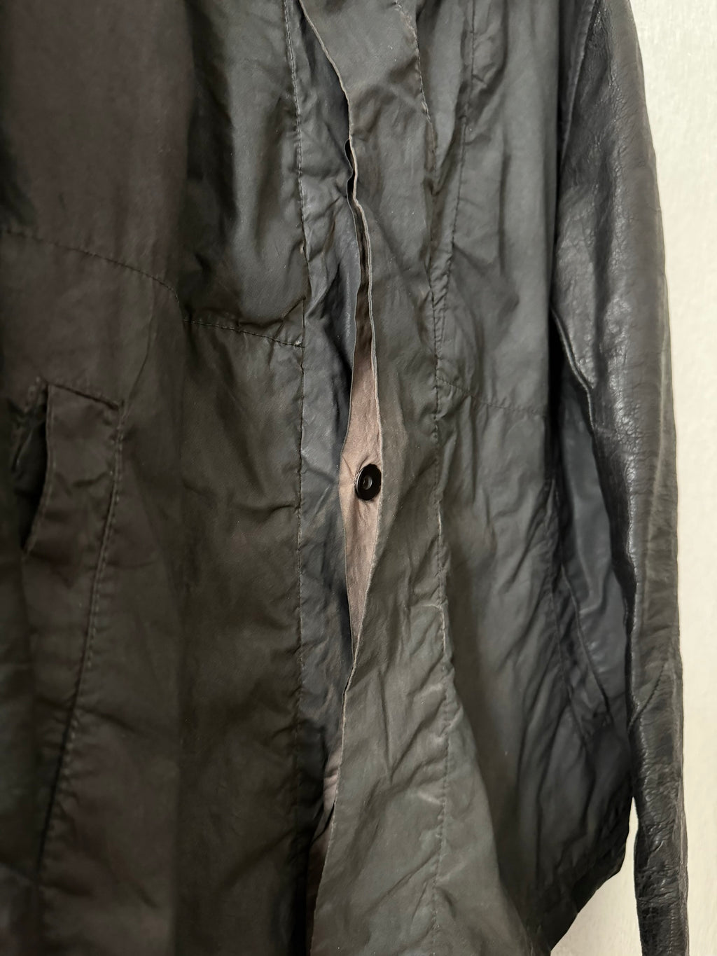 F/W 11 "LIMO" Waxed Mudcloth Slave Jacket w. Lamb Leather Sleeves Rick Owens