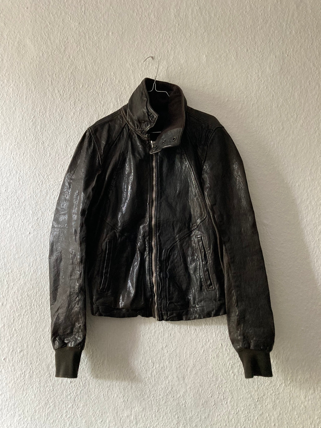 F/W 08 "STAG" Hammered Lamb Leather High-Neck Intarsia Jacket w. Fleece Collar