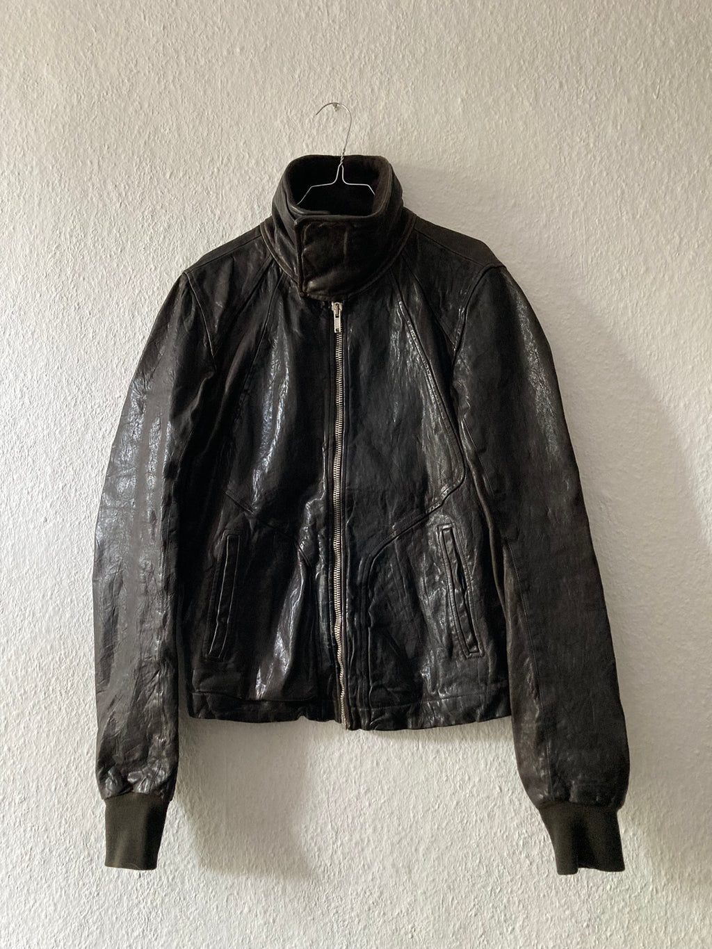 F/W 08 "STAG" Hammered Lamb Leather High-Neck Intarsia Jacket w. Fleece Collar