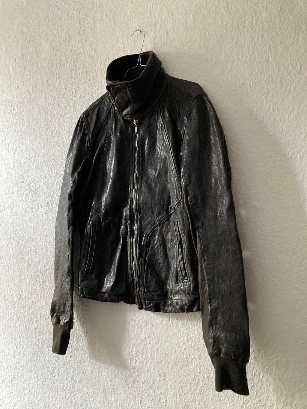 F/W 08 "STAG" Hammered Lamb Leather High-Neck Intarsia Jacket w. Fleece Collar