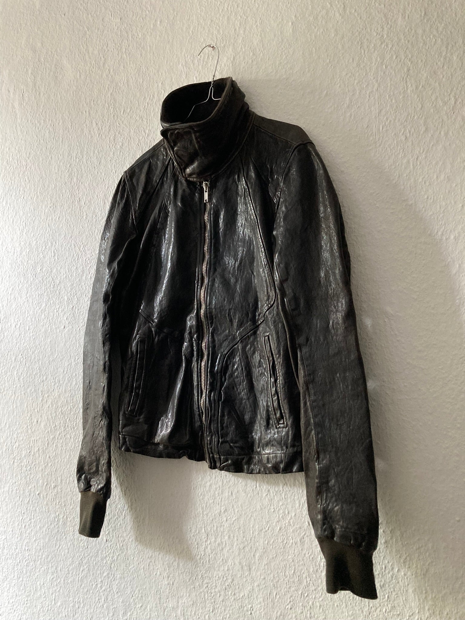 F/W 08 "STAG" Hammered Lamb Leather High-Neck Intarsia Jacket w. Fleece Collar