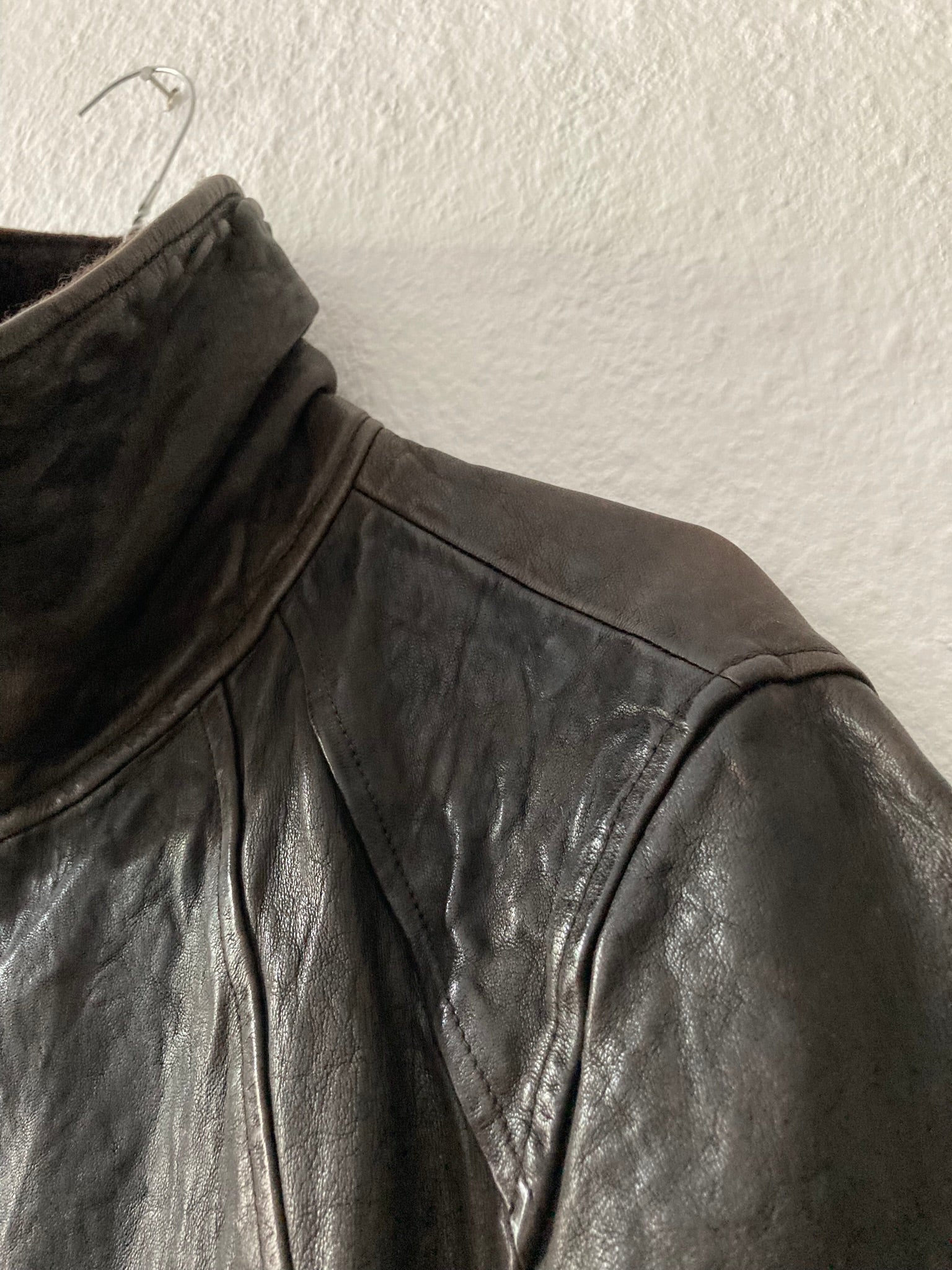 F/W 08 "STAG" Hammered Lamb Leather High-Neck Intarsia Jacket w. Fleece Collar