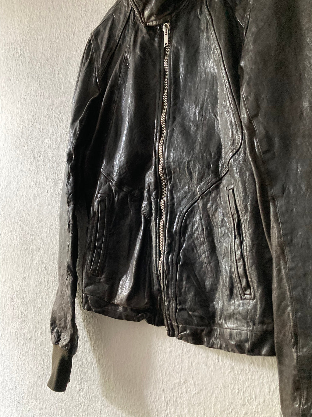 F/W 08 "STAG" Hammered Lamb Leather High-Neck Intarsia Jacket w. Fleece Collar