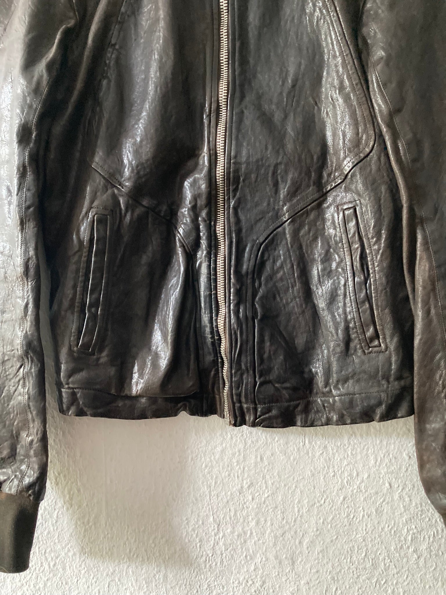 F/W 08 "STAG" Hammered Lamb Leather High-Neck Intarsia Jacket w. Fleece Collar