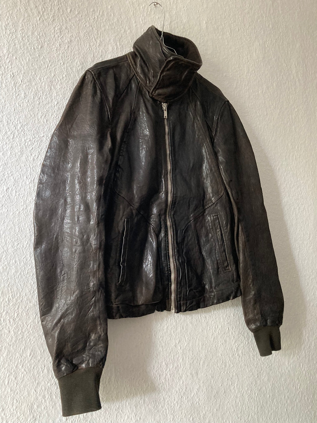 F/W 08 "STAG" Hammered Lamb Leather High-Neck Intarsia Jacket w. Fleece Collar