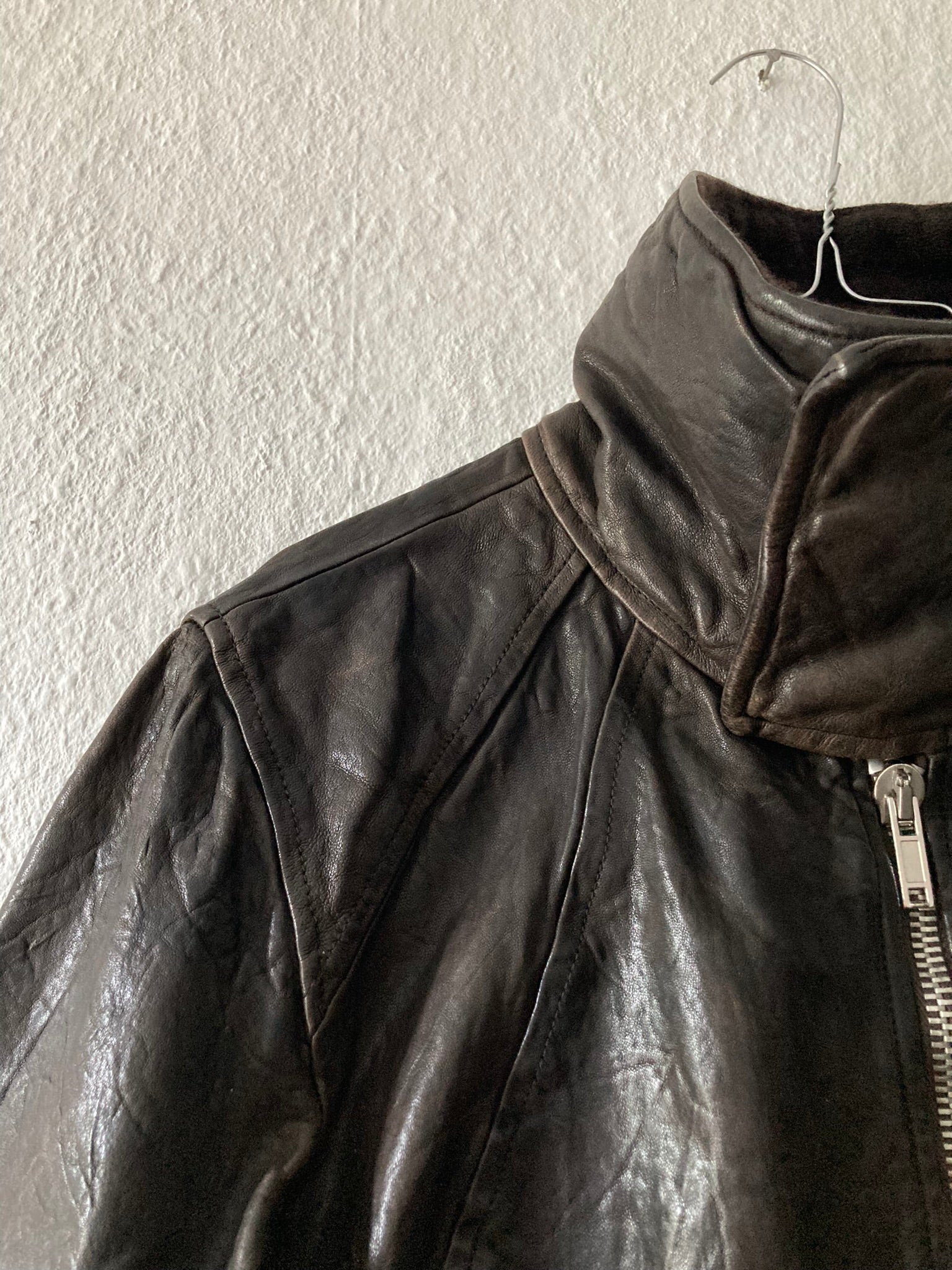 F/W 08 "STAG" Hammered Lamb Leather High-Neck Intarsia Jacket w. Fleece Collar