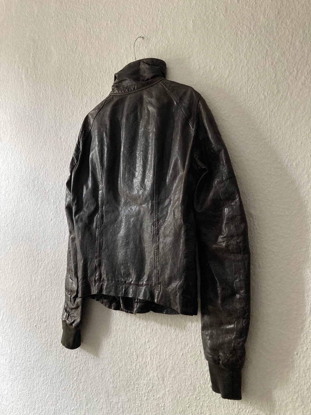 F/W 08 "STAG" Hammered Lamb Leather High-Neck Intarsia Jacket w. Fleece Collar