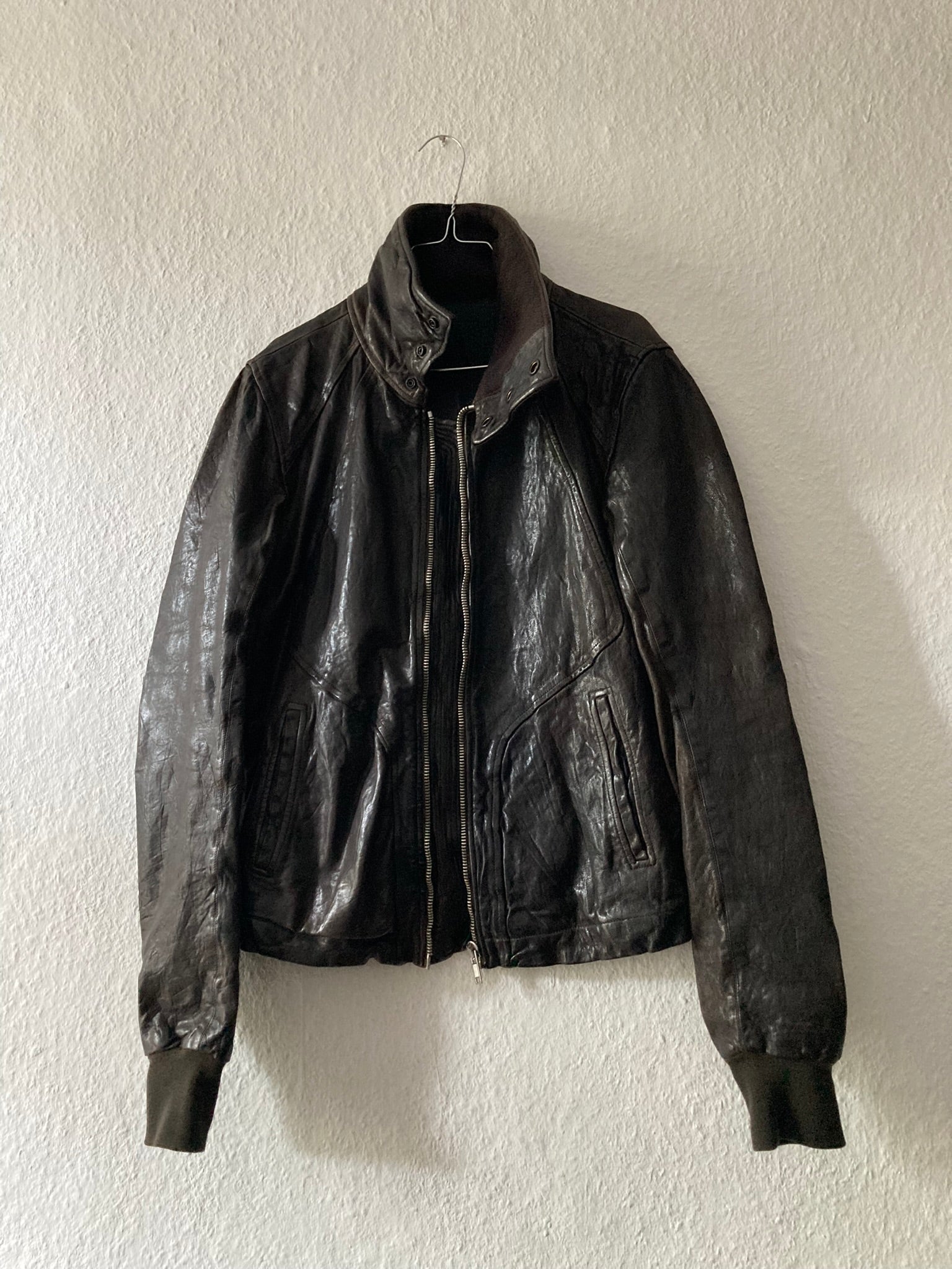 F/W 08 "STAG" Hammered Lamb Leather High-Neck Intarsia Jacket w. Fleece Collar