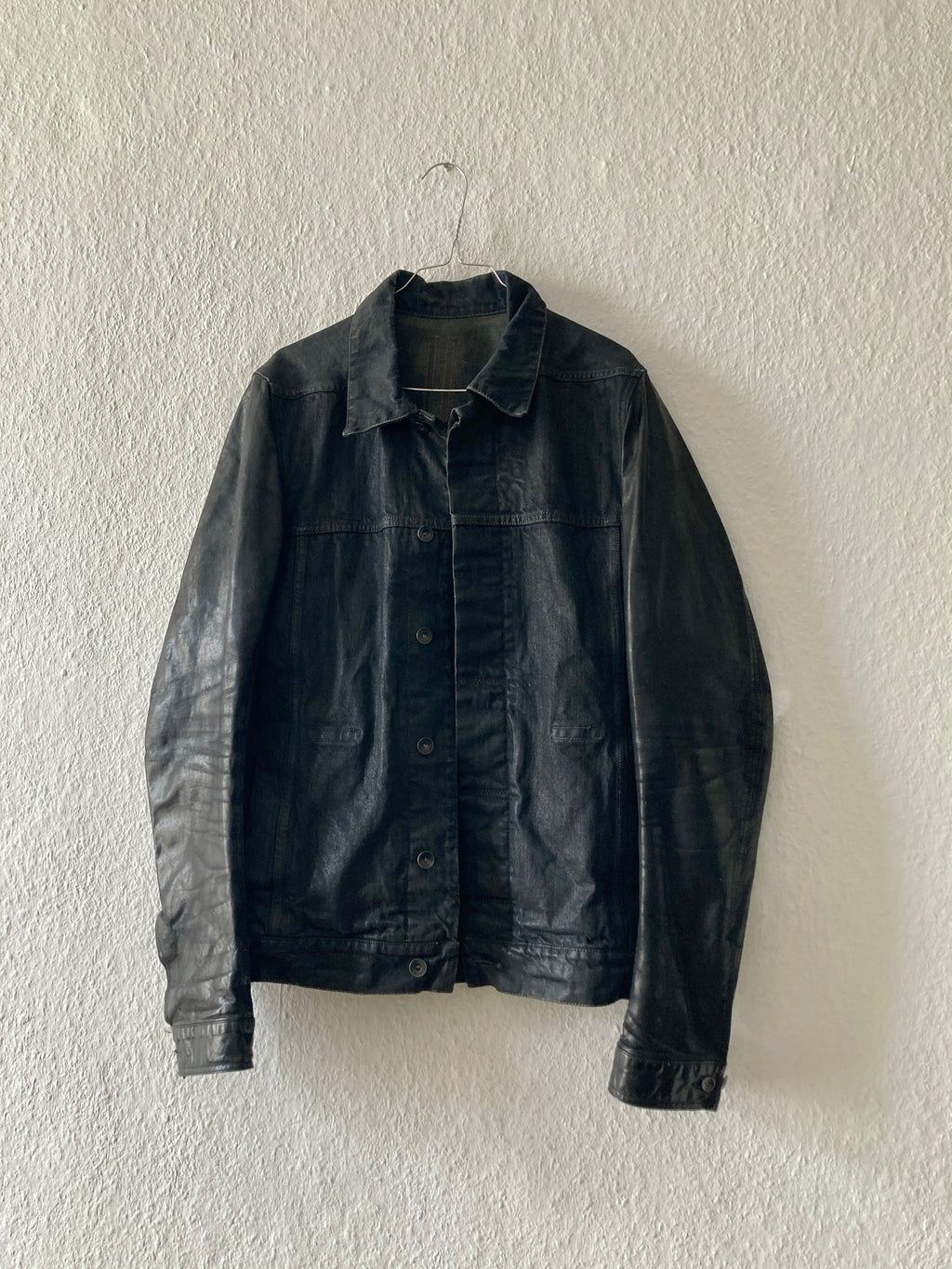 S/S 14 "VICIOUS" Waxed Black Mineral Leather Denim Jacket M