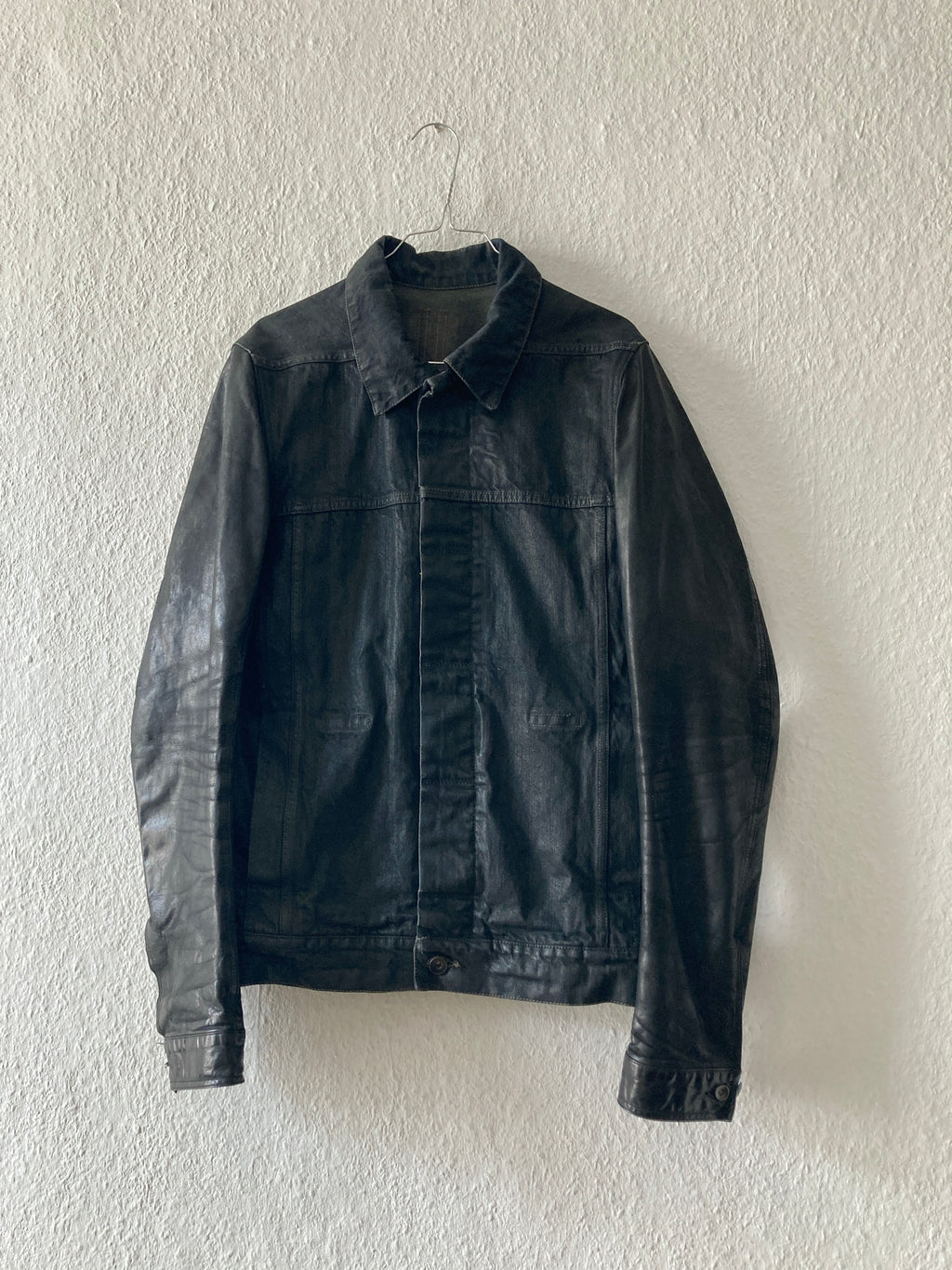 S/S 14 "VICIOUS" Waxed Black Mineral Leather Denim Jacket M