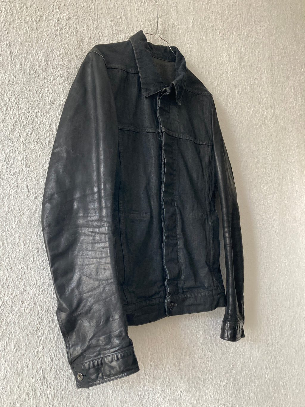S/S 14 "VICIOUS" Waxed Black Mineral Leather Denim Jacket M