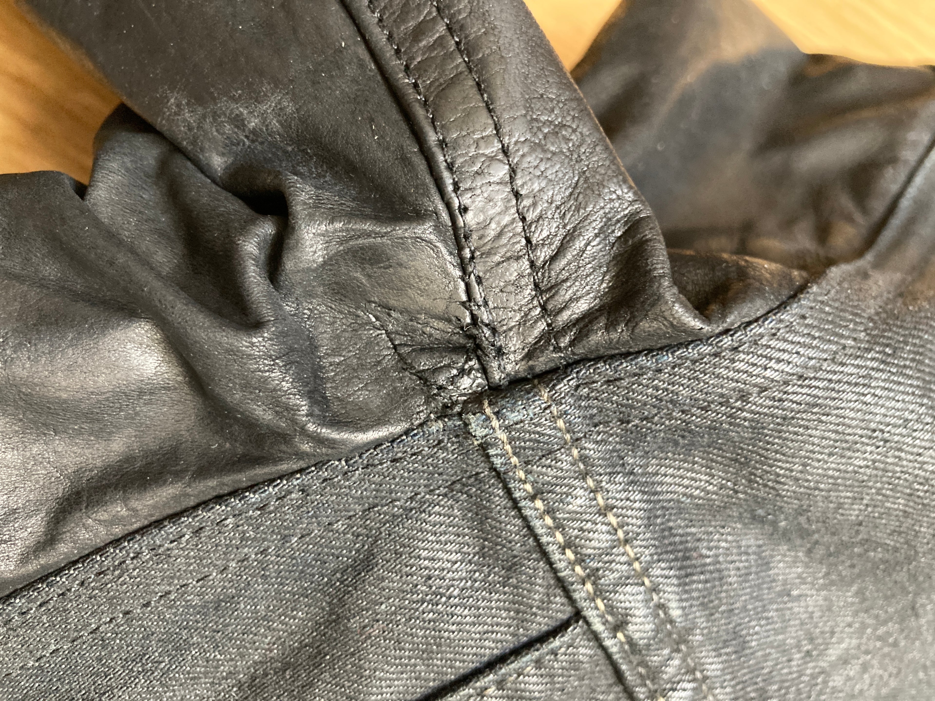 S/S 14 "VICIOUS" Waxed Black Mineral Leather Denim Jacket M