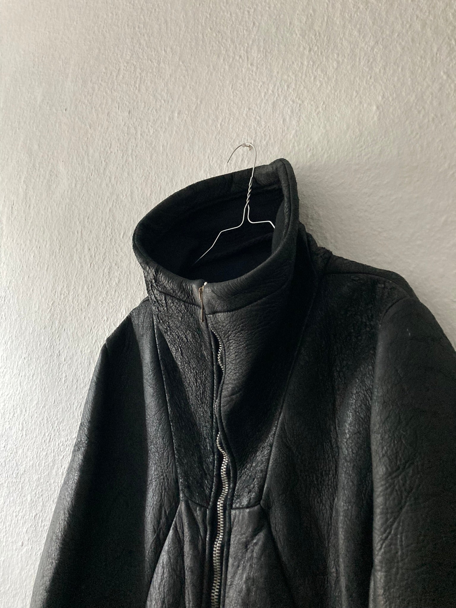 F/W 08 "STAG" Blistered Neoprene "Neoblister" Lamb Leather High-Collar Geo Coat in Black