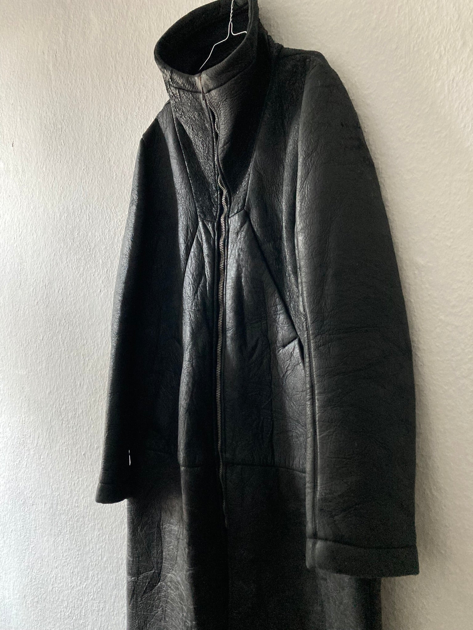 F/W 08 "STAG" Blistered Neoprene "Neoblister" Lamb Leather High-Collar Geo Coat in Black