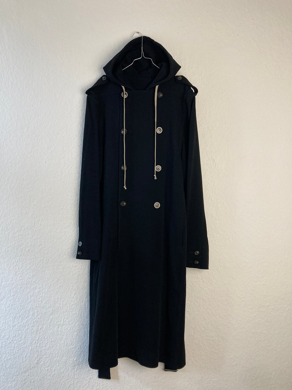 F/W 18 "SISYPHUS" Double-Breasted Hooded Wool & Viscose Trench Coat in Black