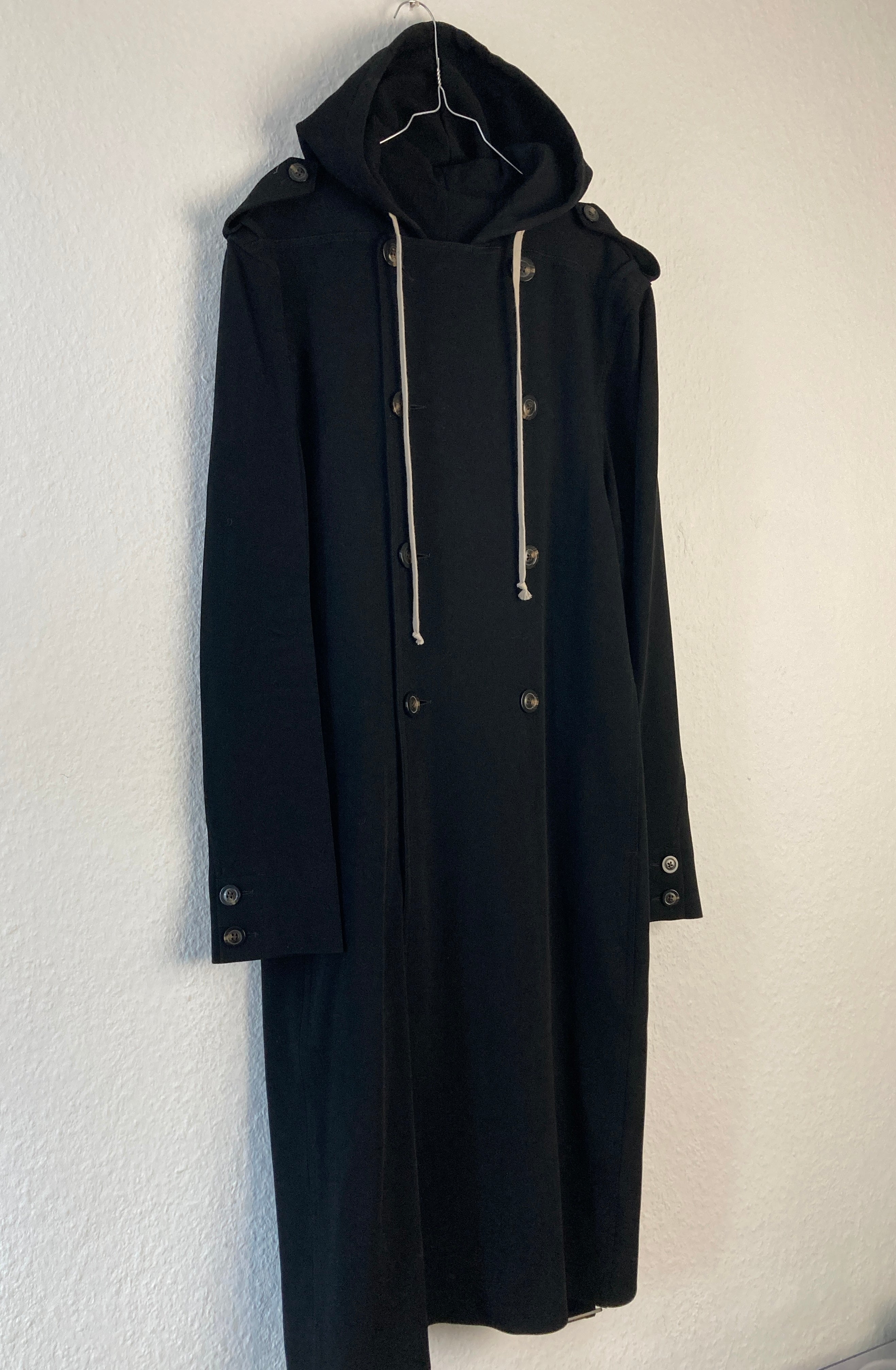 F/W 18 "SISYPHUS" Double-Breasted Hooded Wool & Viscose Trench Coat in Black