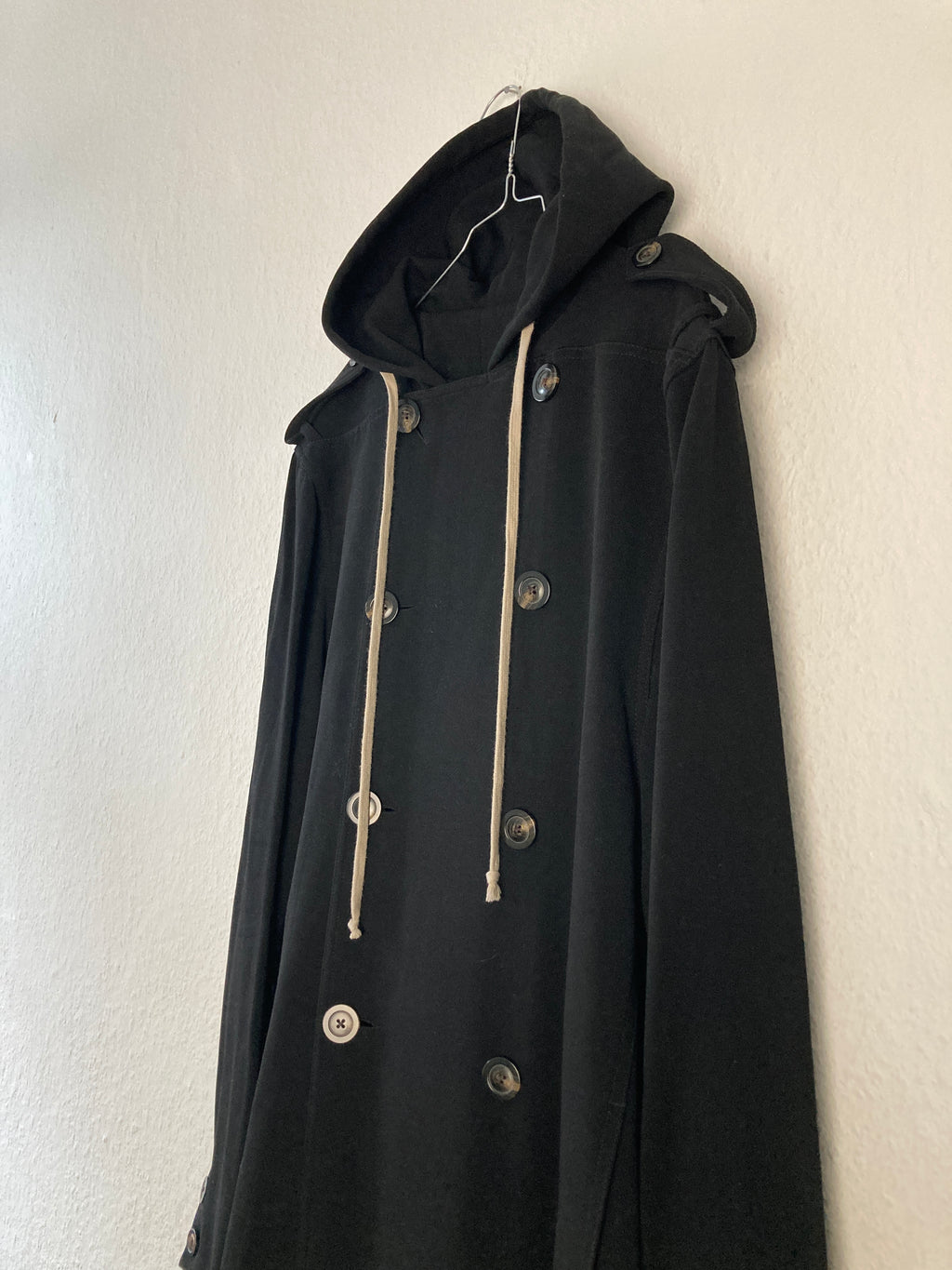 F/W 18 "SISYPHUS" Double-Breasted Hooded Wool & Viscose Trench Coat in Black