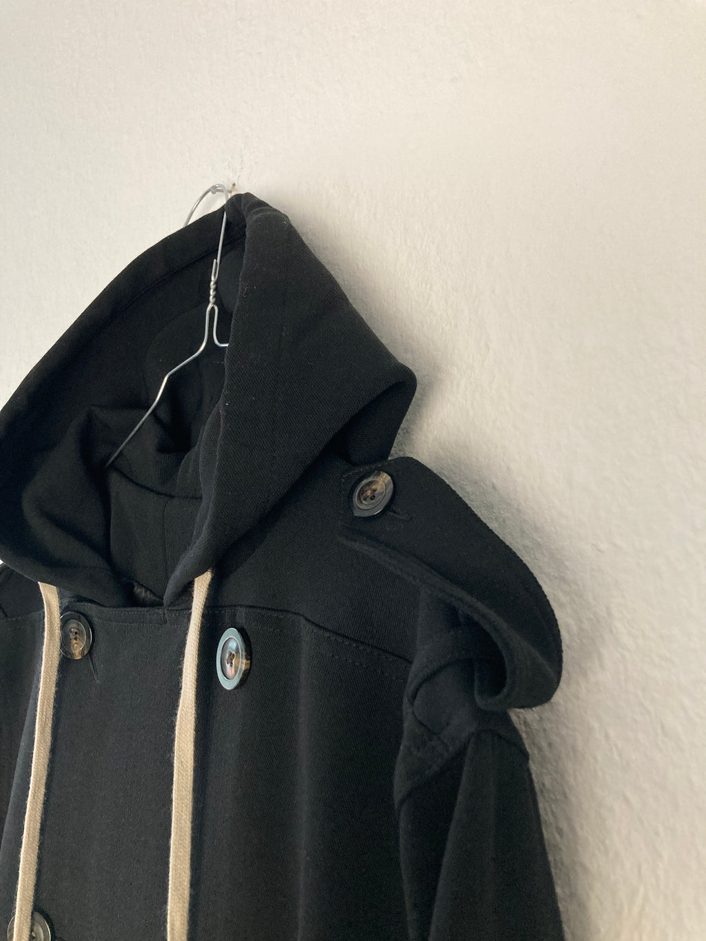 F/W 18 "SISYPHUS" Double-Breasted Hooded Wool & Viscose Trench Coat in Black