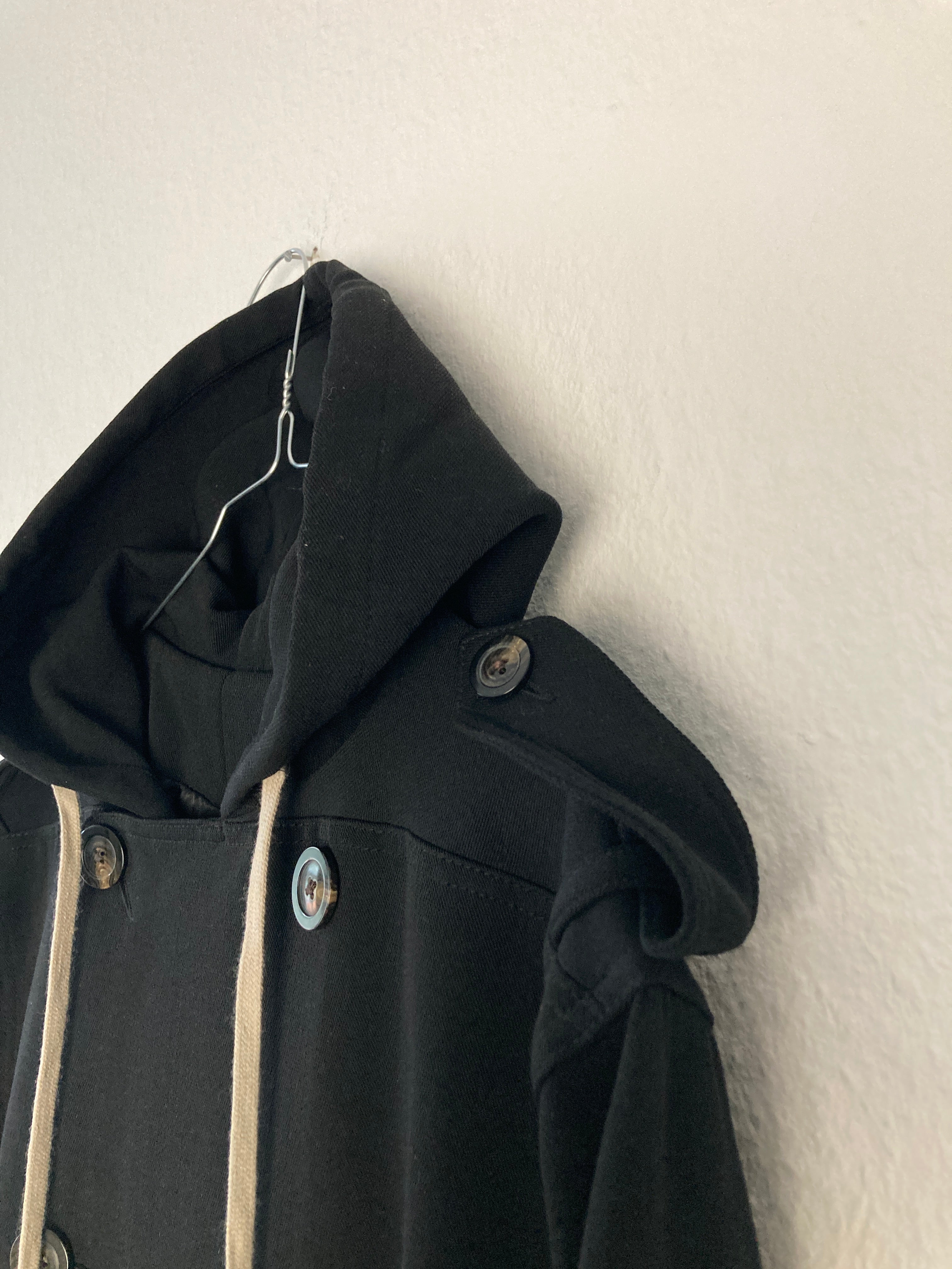 F/W 18 "SISYPHUS" Double-Breasted Hooded Wool & Viscose Trench Coat in Black