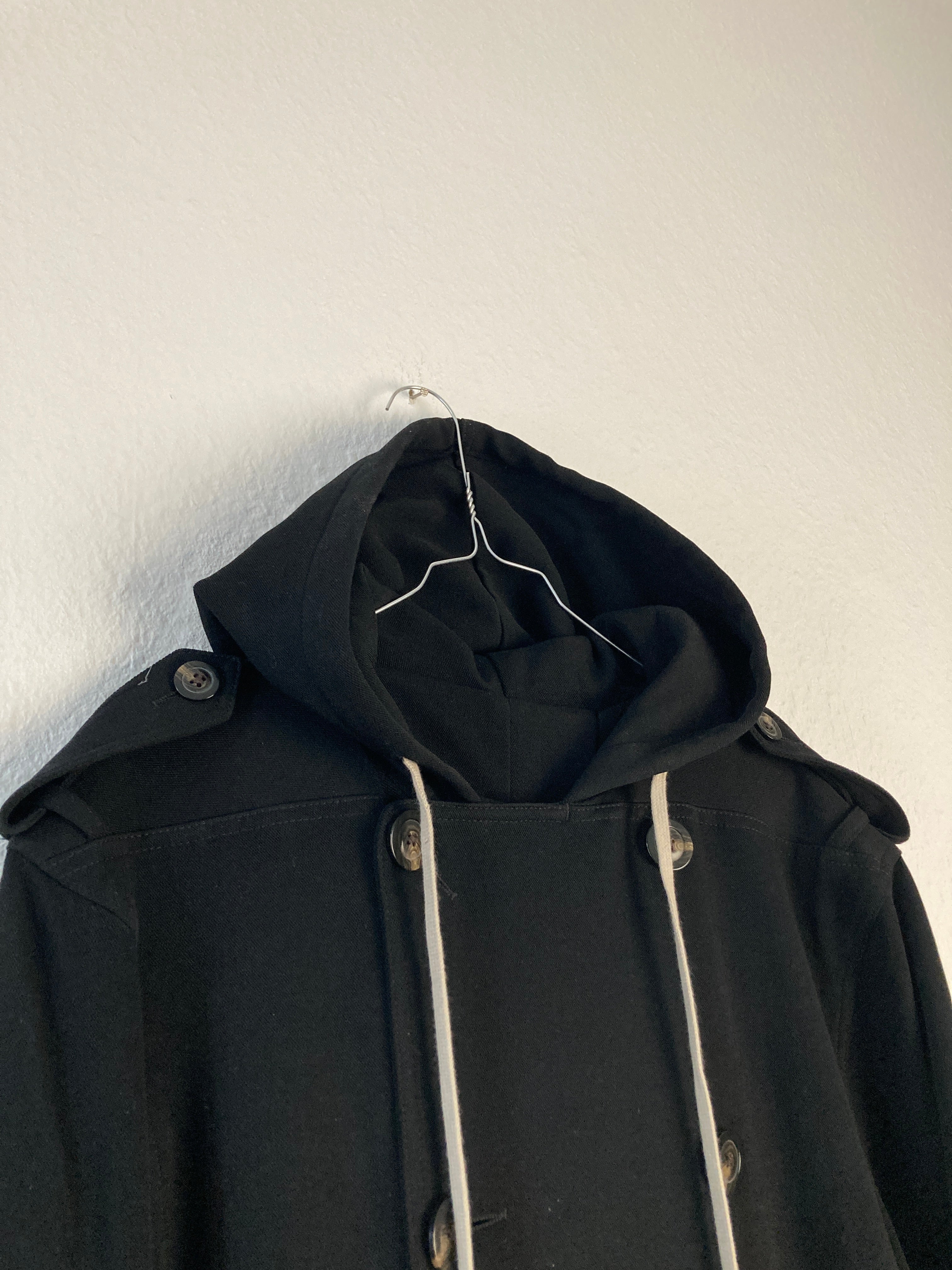 F/W 18 "SISYPHUS" Double-Breasted Hooded Wool & Viscose Trench Coat in Black