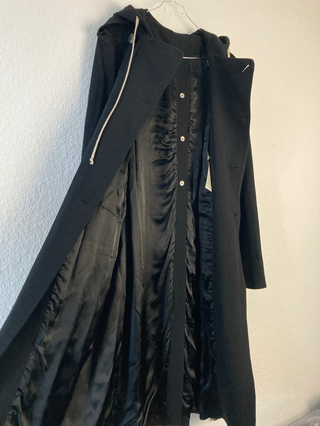 F/W 18 "SISYPHUS" Double-Breasted Hooded Wool & Viscose Trench Coat in Black