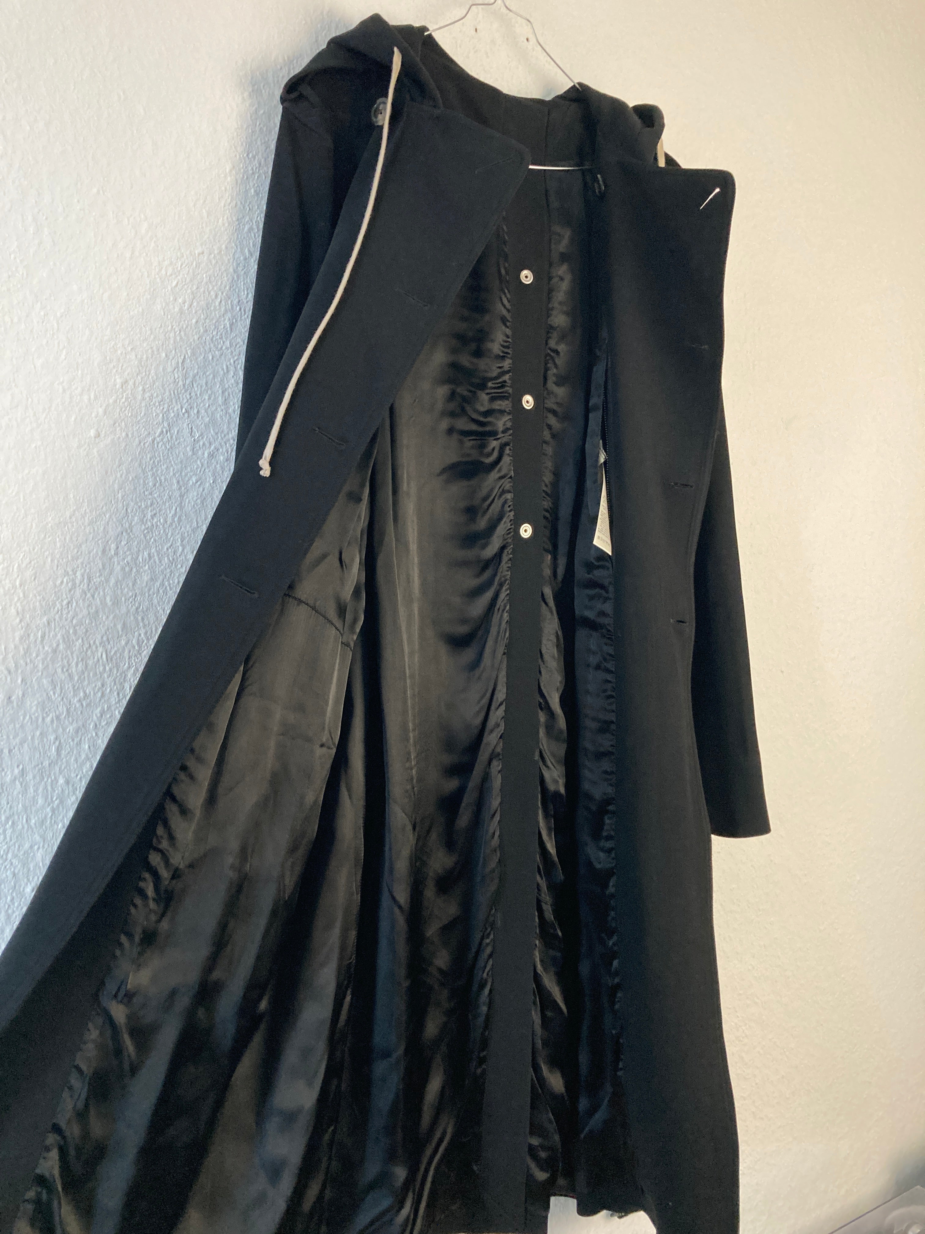 F/W 18 "SISYPHUS" Double-Breasted Hooded Wool & Viscose Trench Coat in Black