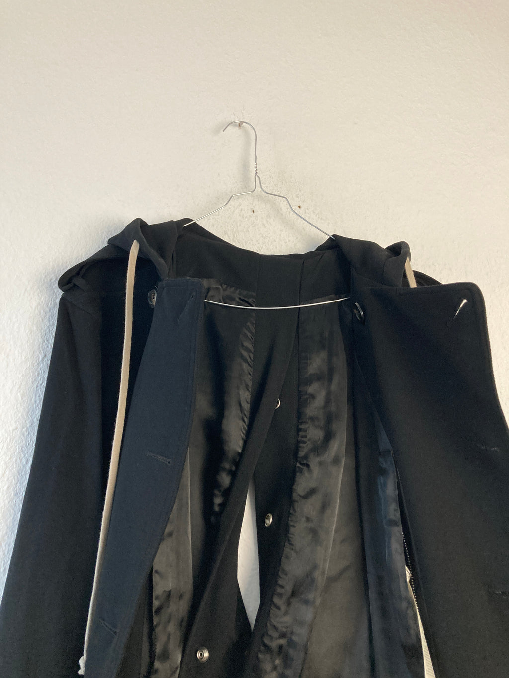 F/W 18 "SISYPHUS" Double-Breasted Hooded Wool & Viscose Trench Coat in Black