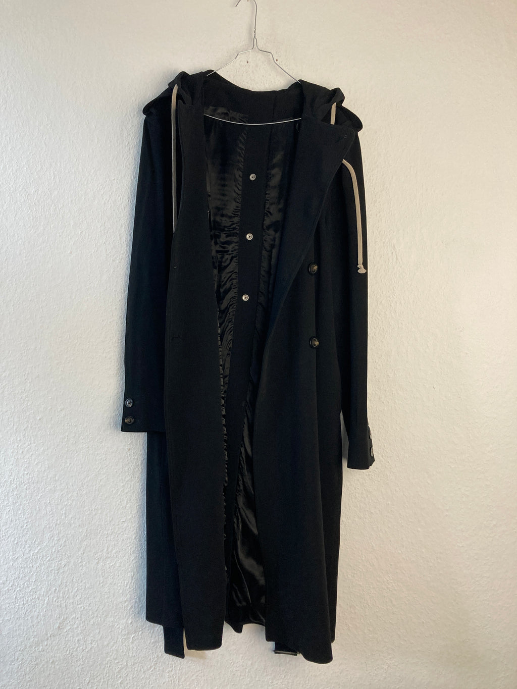 F/W 18 "SISYPHUS" Double-Breasted Hooded Wool & Viscose Trench Coat in Black