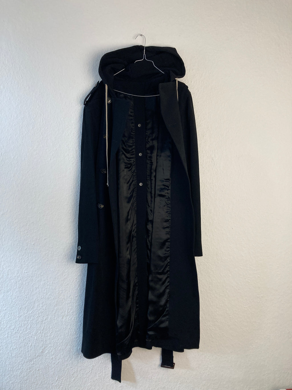F/W 18 "SISYPHUS" Double-Breasted Hooded Wool & Viscose Trench Coat in Black